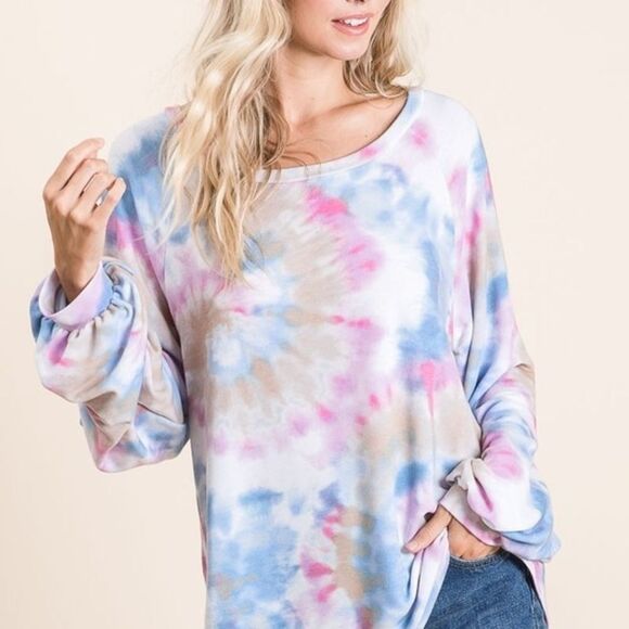Bibi Tie Dye Terry Top Puff Sleeves Oversized Shirt sz Medium - Picture 7 of 7